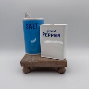 Vintage 1979 Betty St. John Shafford Salt Pepper Shakers Blue White Tin Canister